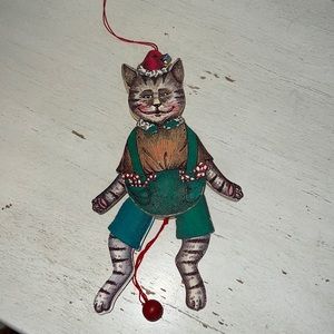 Susan Feves 1985 cat Christmas ornament wood pull toy 8” x 5”